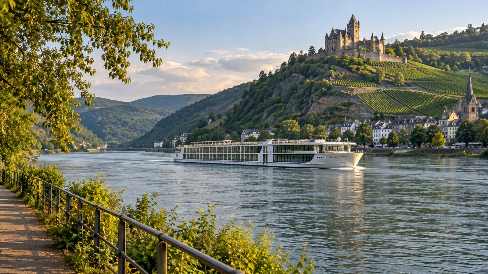 a river cruise ship on the Rhine near vineyards and a hilltop castle, viewed from a riverside path