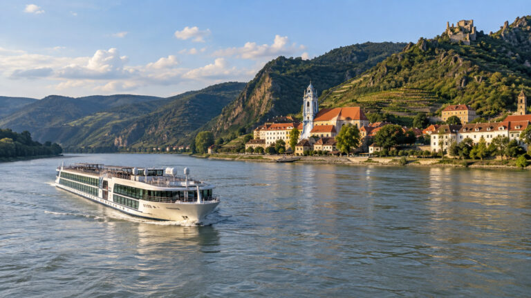 a river cruise ship sailing along the Danube past terraced green hills and a historic riverside town, viewed downstream