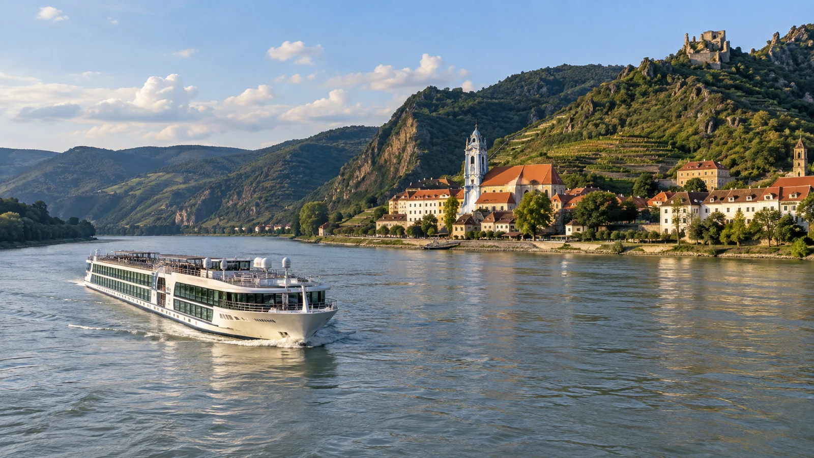 a river cruise ship sailing along the Danube past terraced green hills and a historic riverside town, viewed downstream