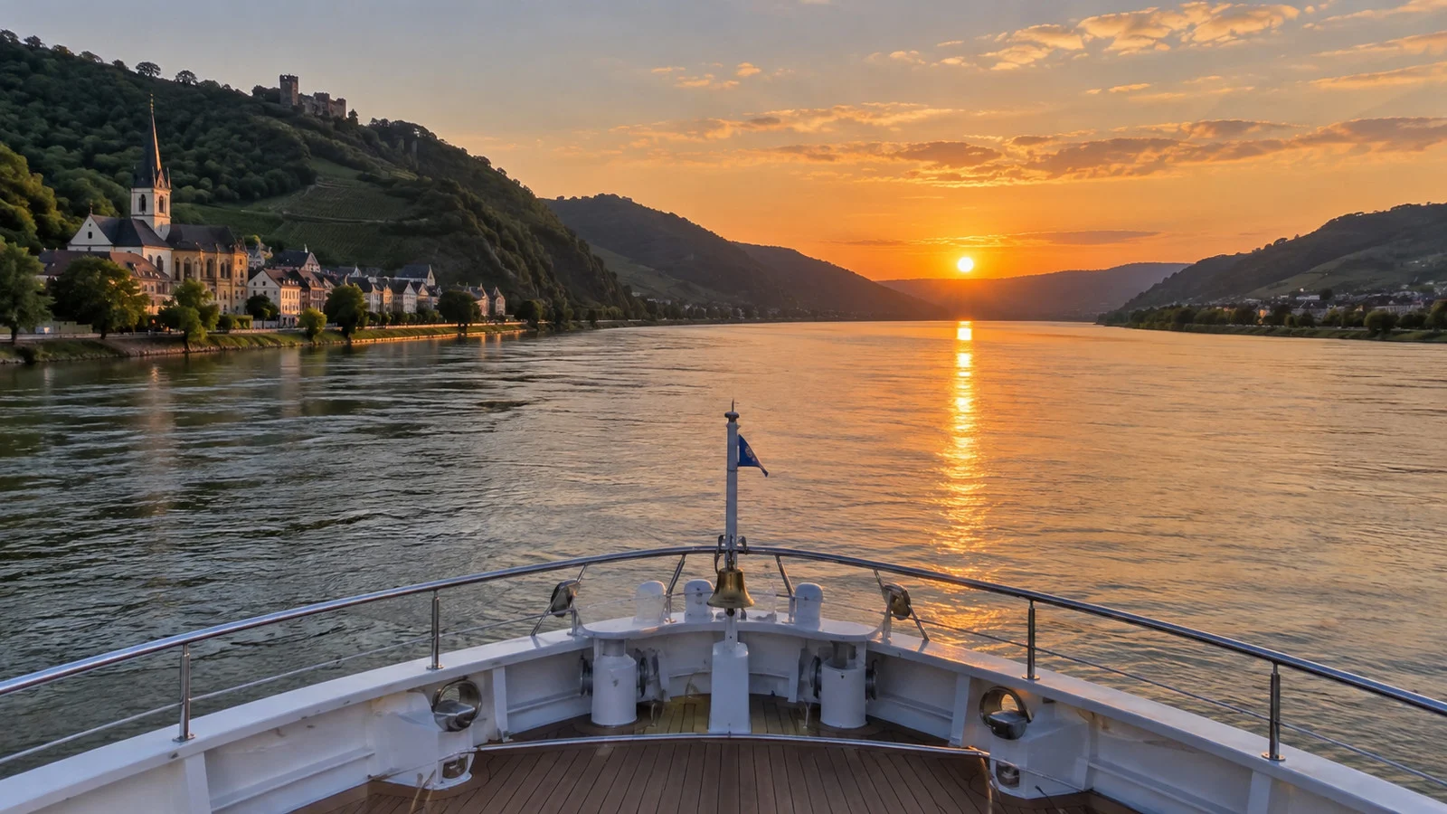 an empty river cruise ship bow facing the sunset on a broad river, suggesting itinerary direction