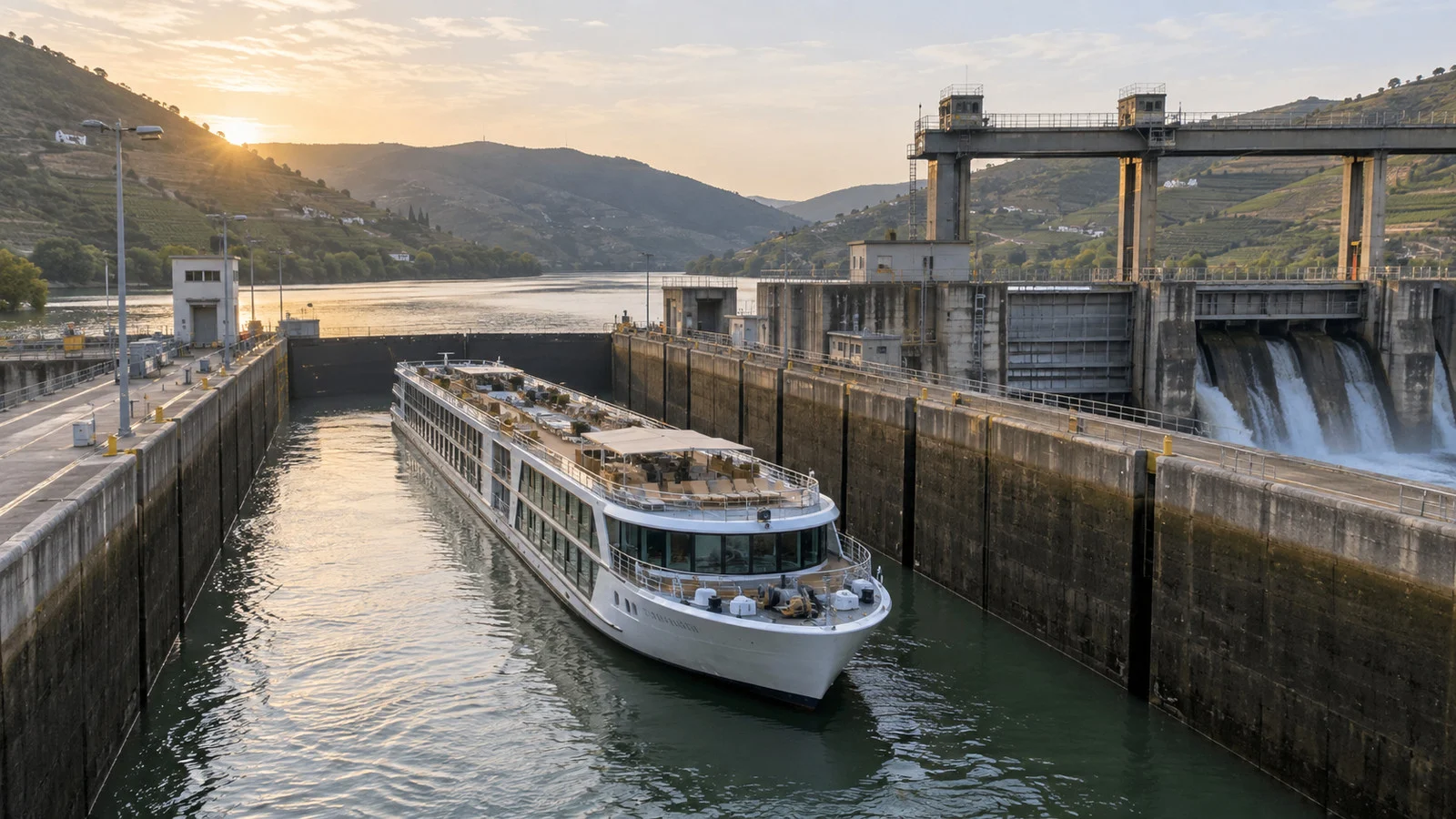 Douro river cruise ship passing a lock and dam