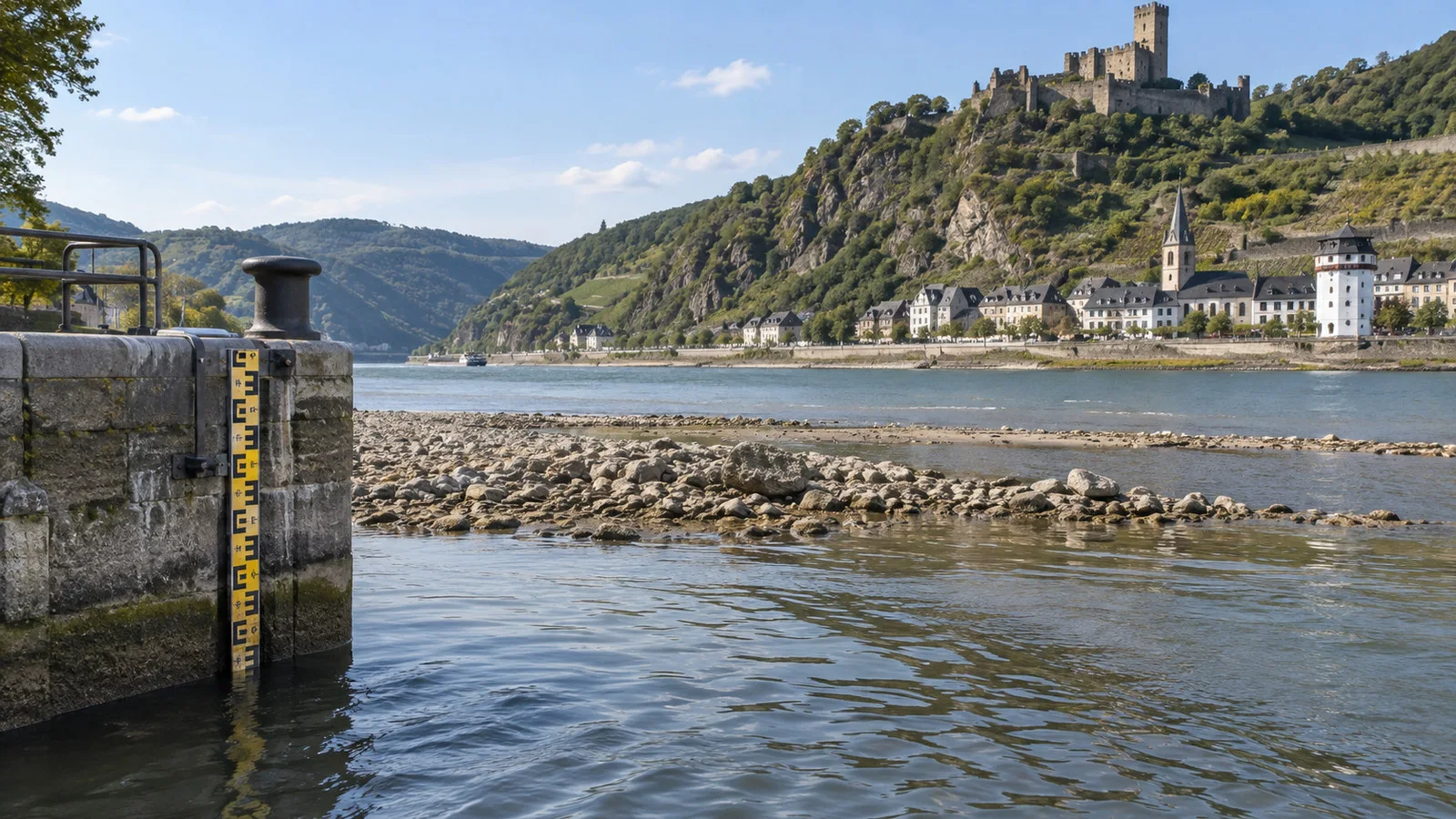 Rhine river gauge post at a quay with low water visible