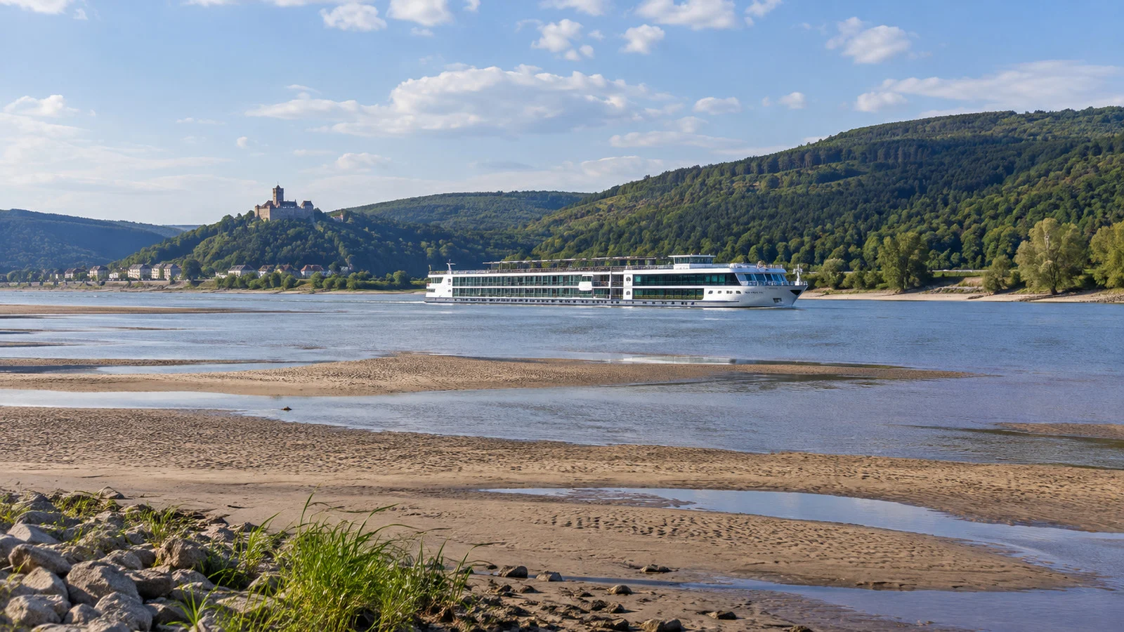 Shallow Elbe River with sandbars and a riverboat