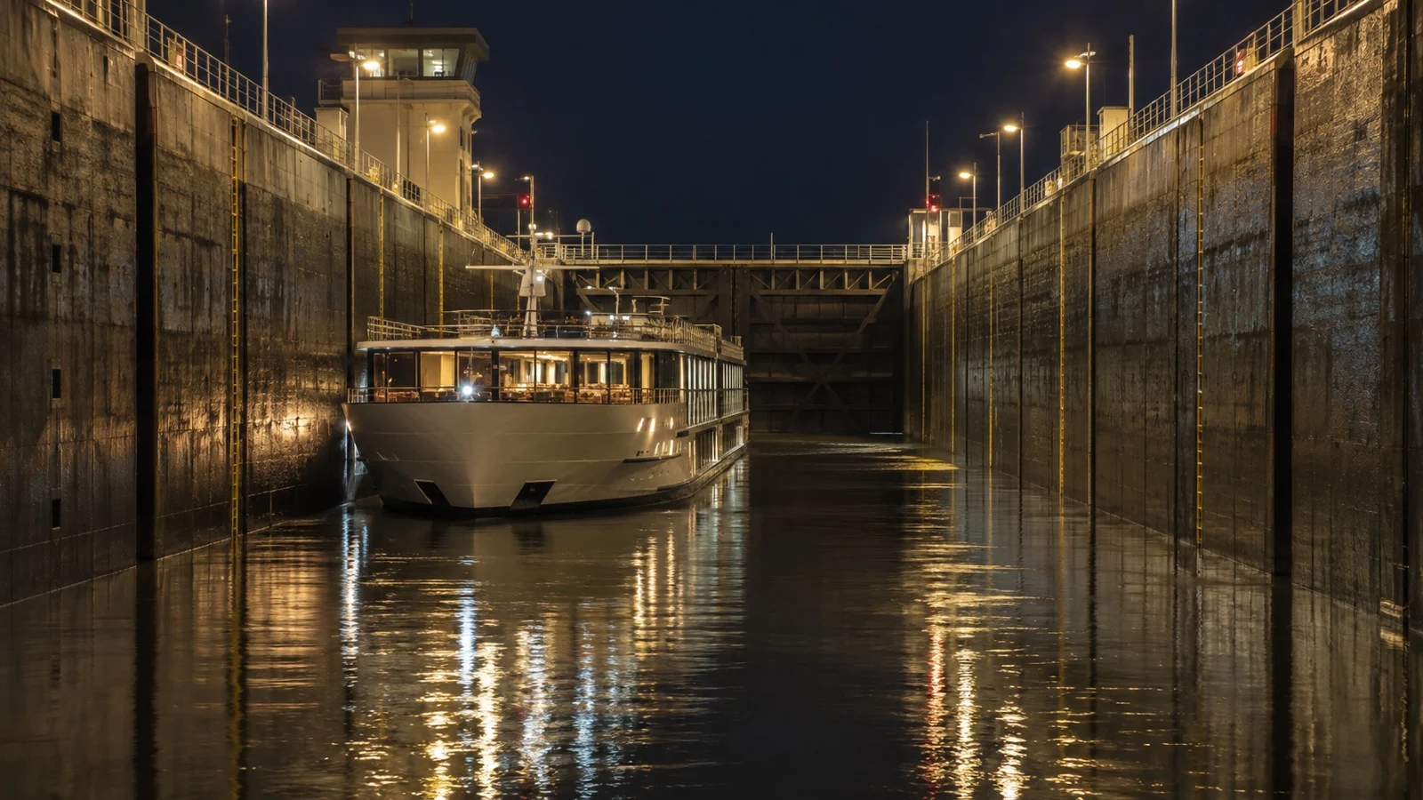 Illuminated river cruise lock transit at night