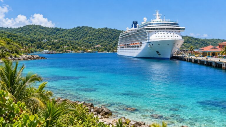Cruise ship docked beside Roatán’s tropical green hills