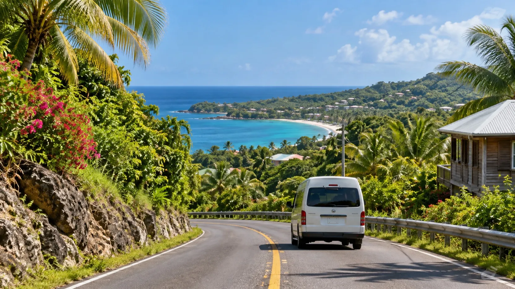 Island road and taxi van traveling across Roatán