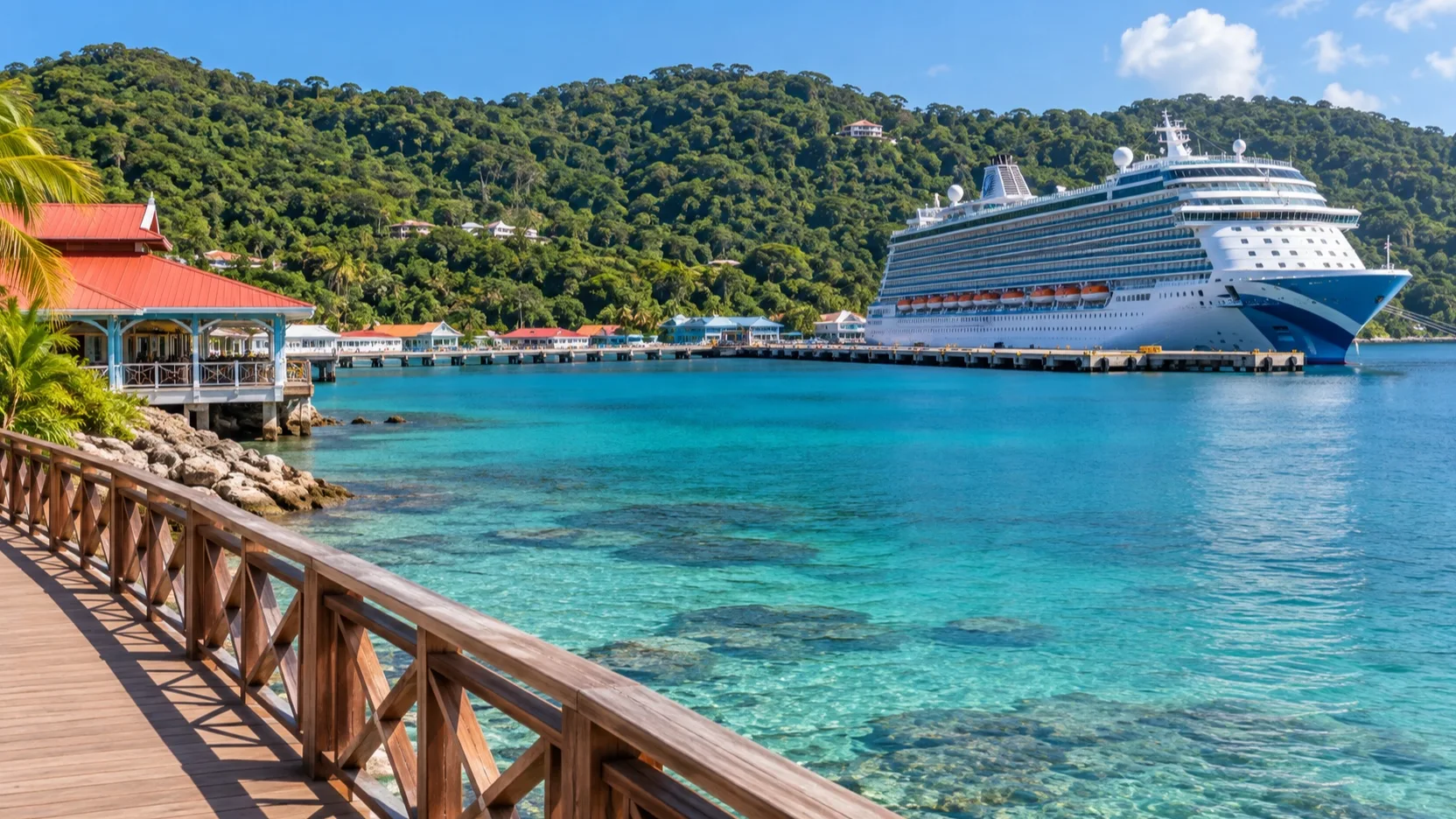 Roatán cruise ship beside a tropical waterfront boardwalk