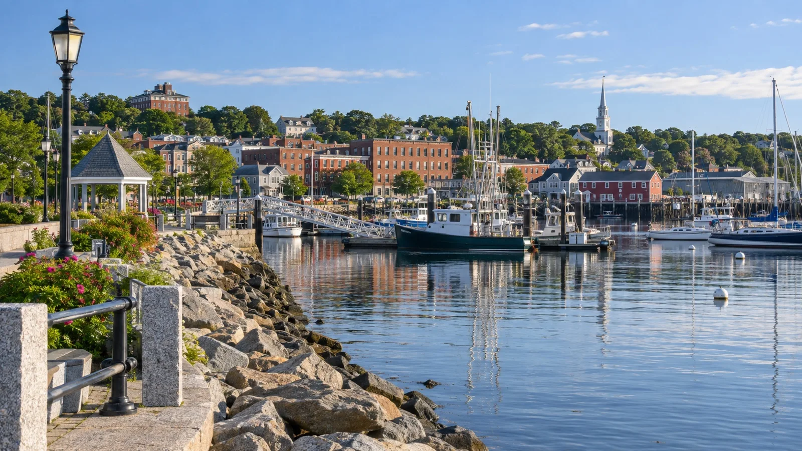 Waterfront promenade and boats at Rockland Harbor Park