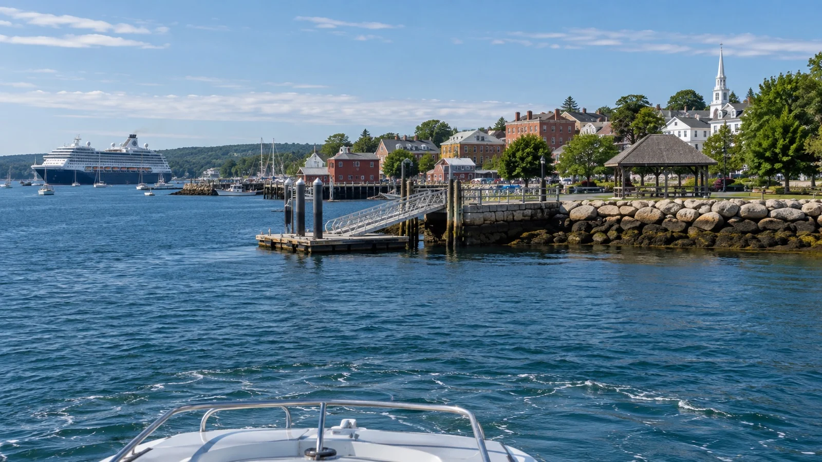 Tender boat approaching Rockland Harbor Park from the bay