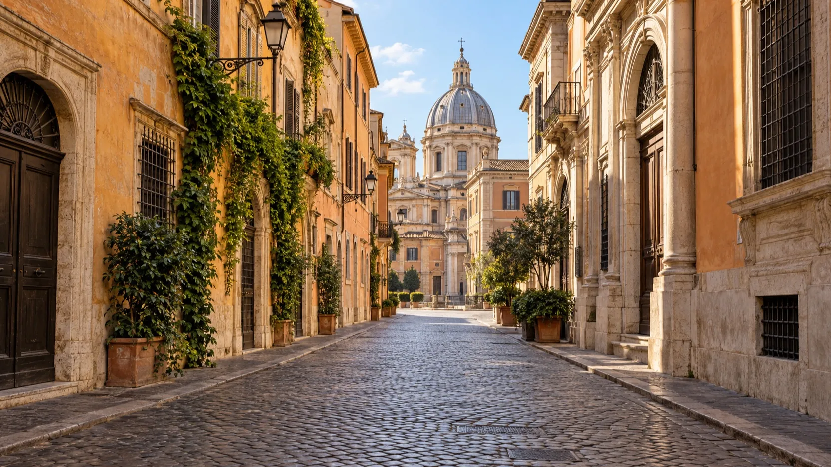 Empty cobbled street and church dome in Rome's historic center