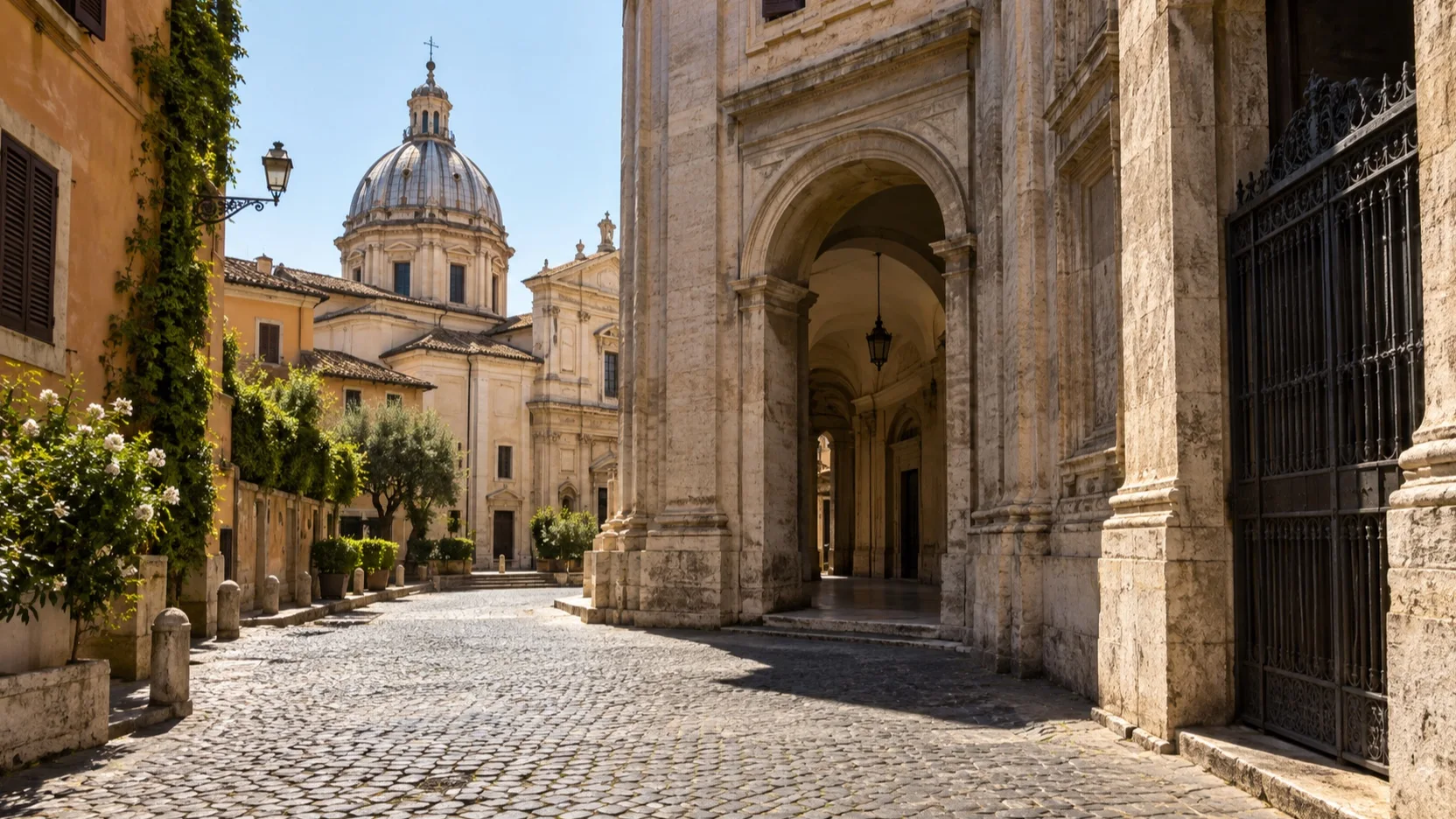 Shaded historic street and church architecture in Rome