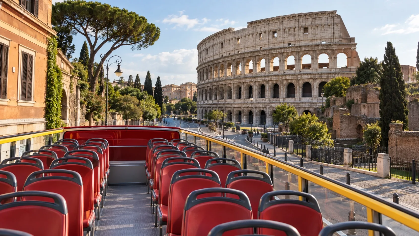 Empty open-top sightseeing bus passing the Colosseum in Rome