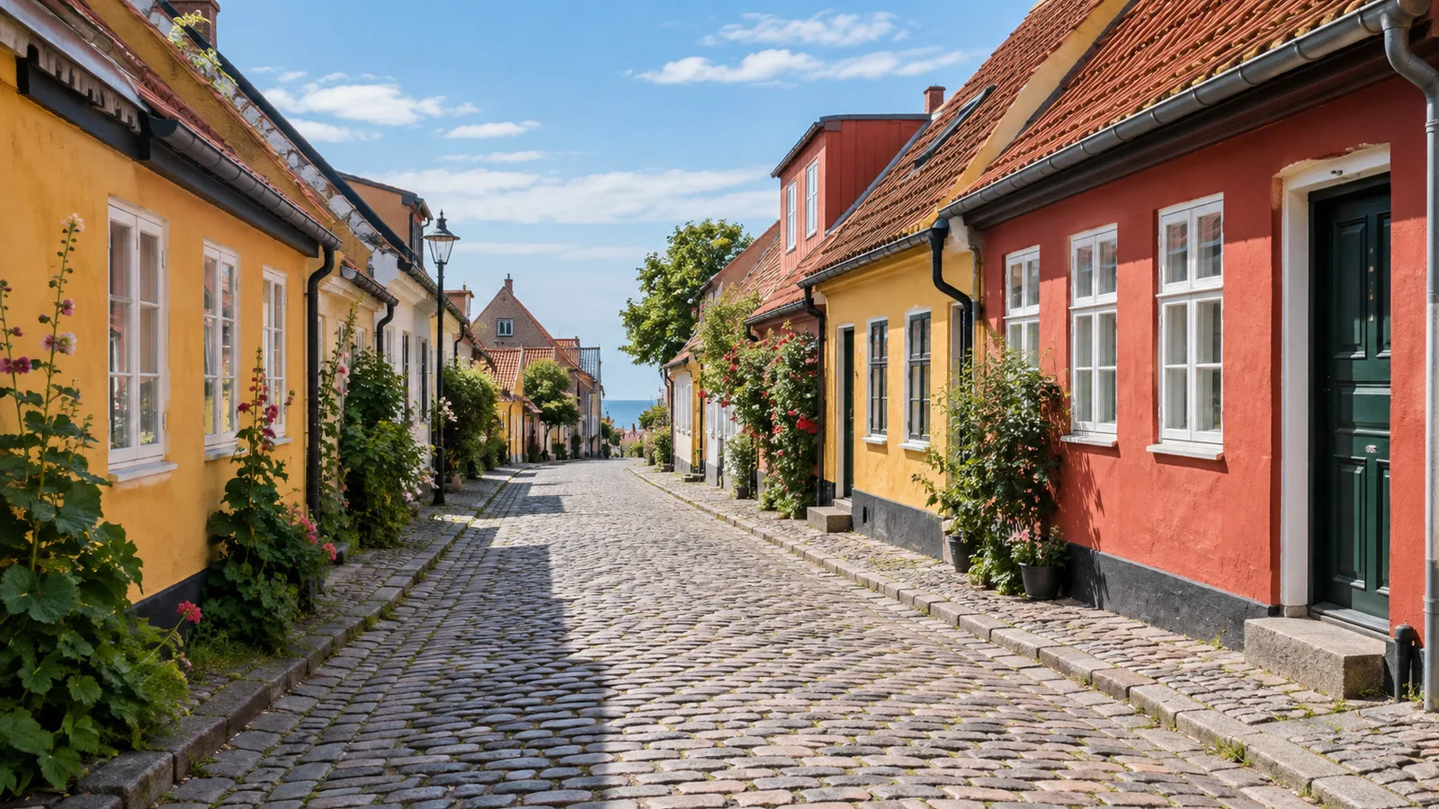 Cobblestone lane and colorful houses in Rønne old town