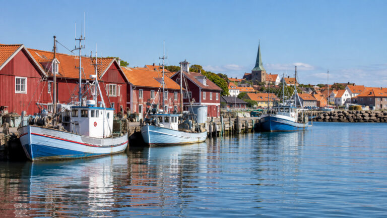Fishing boats and red harbor buildings in Rønne on Bornholm