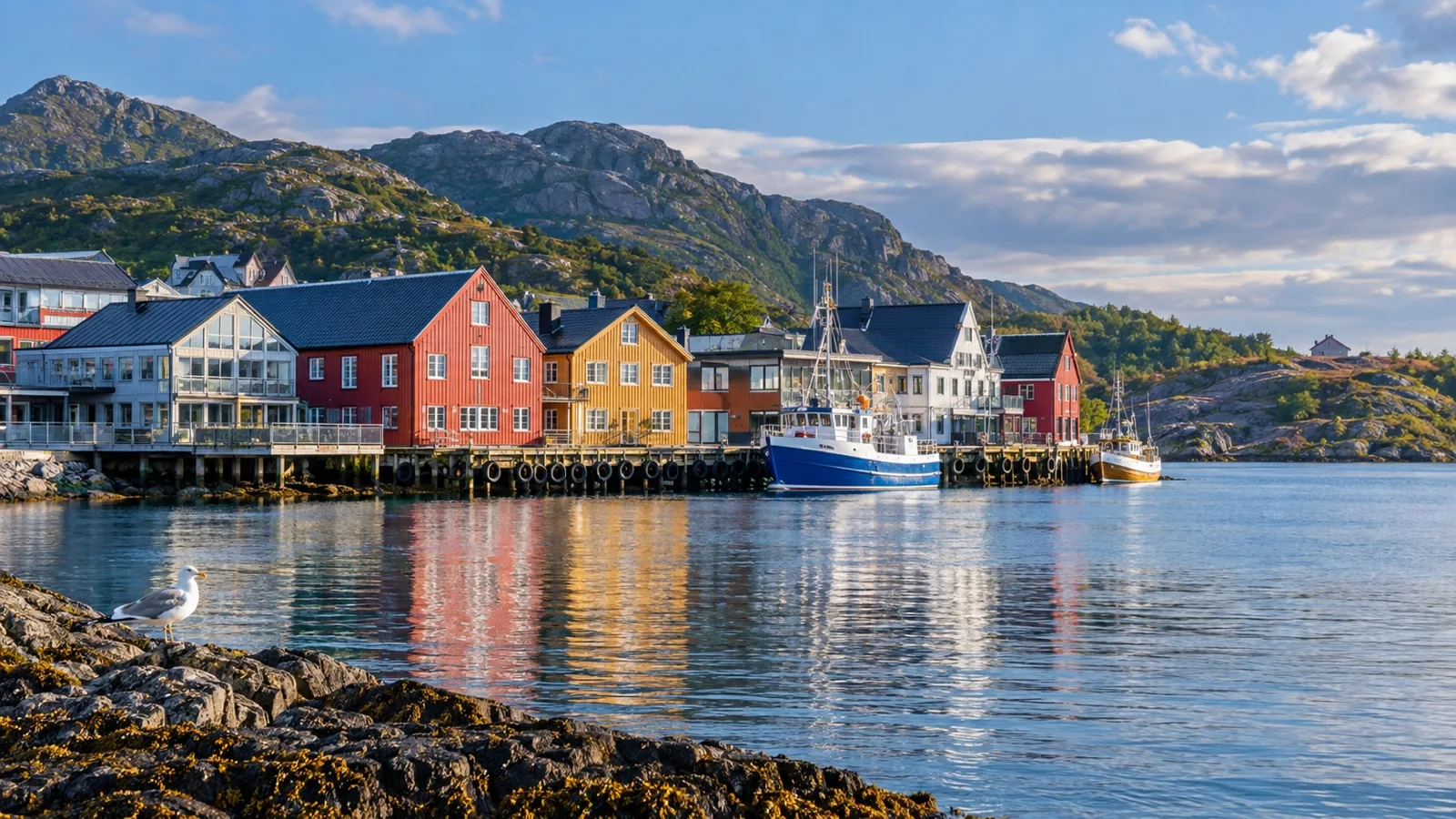 Colorful Rørvik town buildings by the water