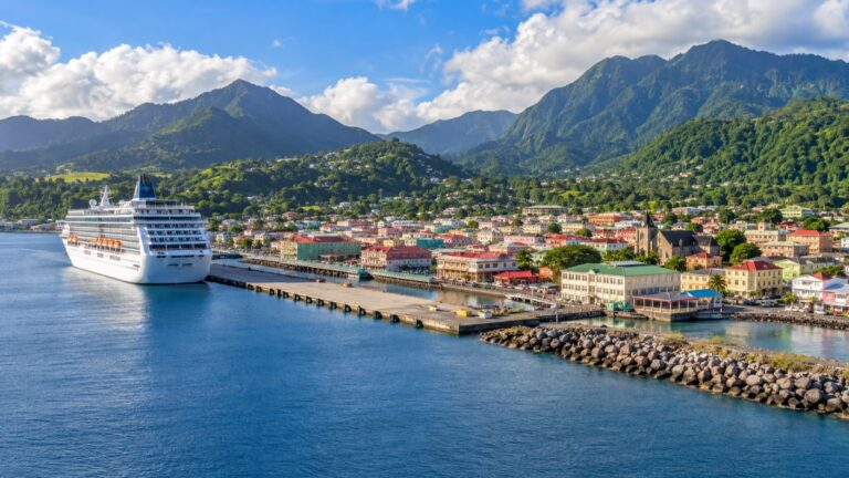 Roseau cruise harbor and lush Dominica mountains