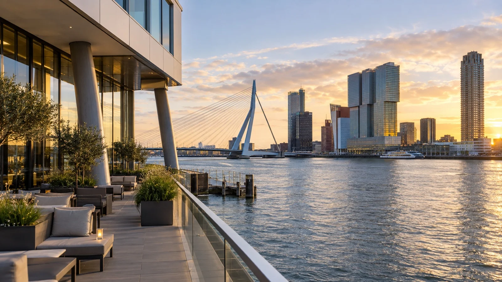 Distinctive modern Rotterdam hotel exterior overlooking the river near Wilhelminapier and city skyline