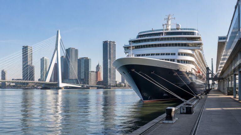 Cruise ship at Rotterdam’s Wilhelminapier near the Erasmus Bridge