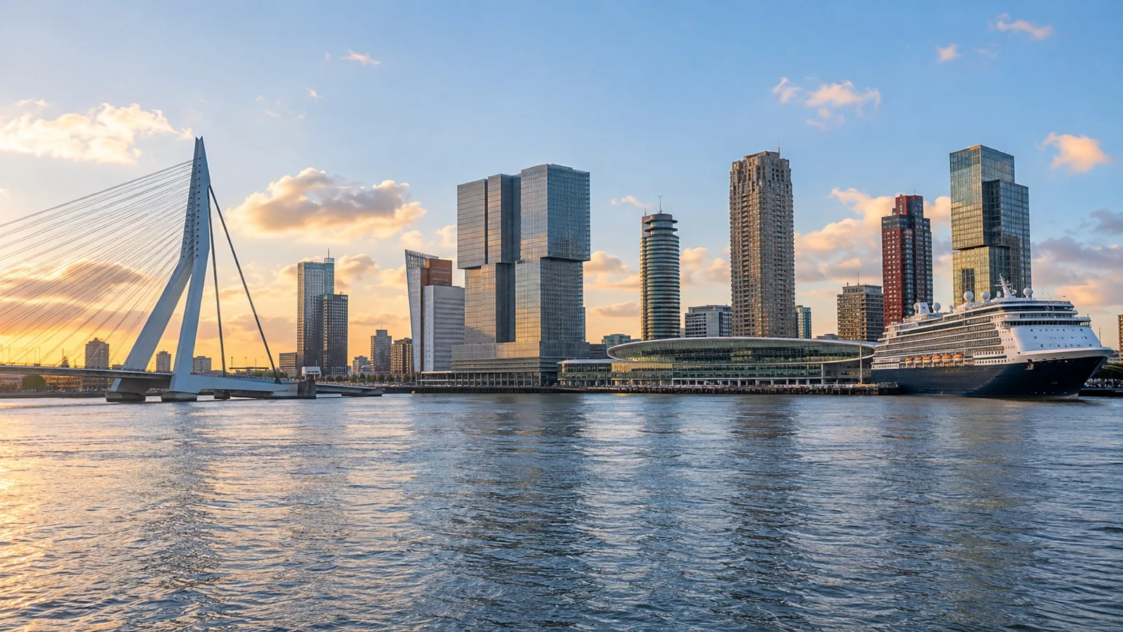 Panoramic Rotterdam skyline over the Nieuwe Maas with Erasmus Bridge, riverside hotels and a moored cruise ship