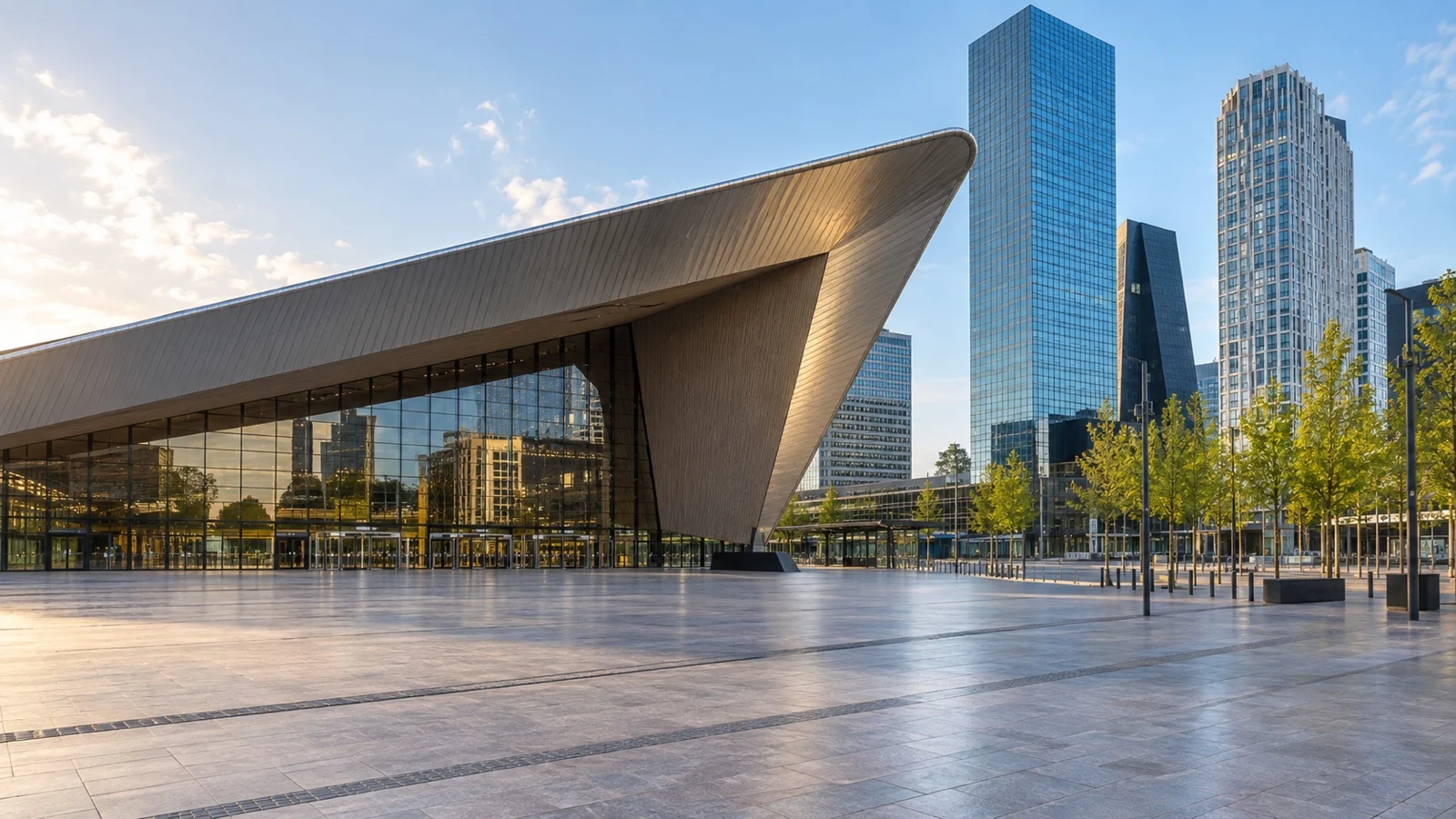 Rotterdam Centraal railway station exterior and nearby hotel buildings, broad empty plaza and modern Dutch architecture