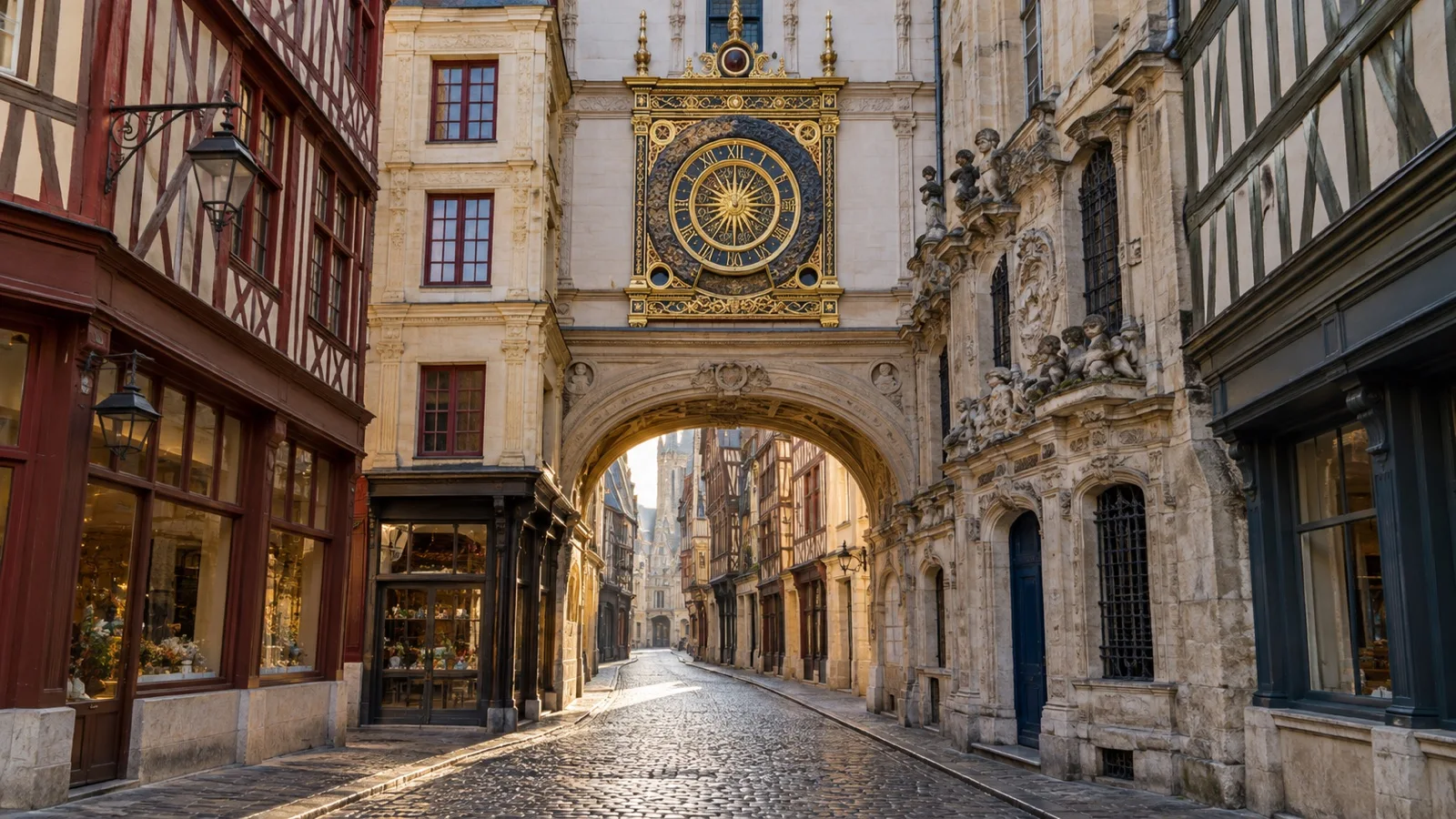 Gros Horloge clock over Rouen street