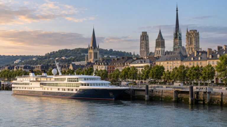 Small ocean cruise ship at Rouen Seine berth