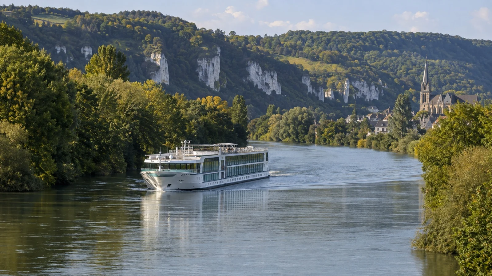 Ocean cruise ship on winding Seine approach to Rouen