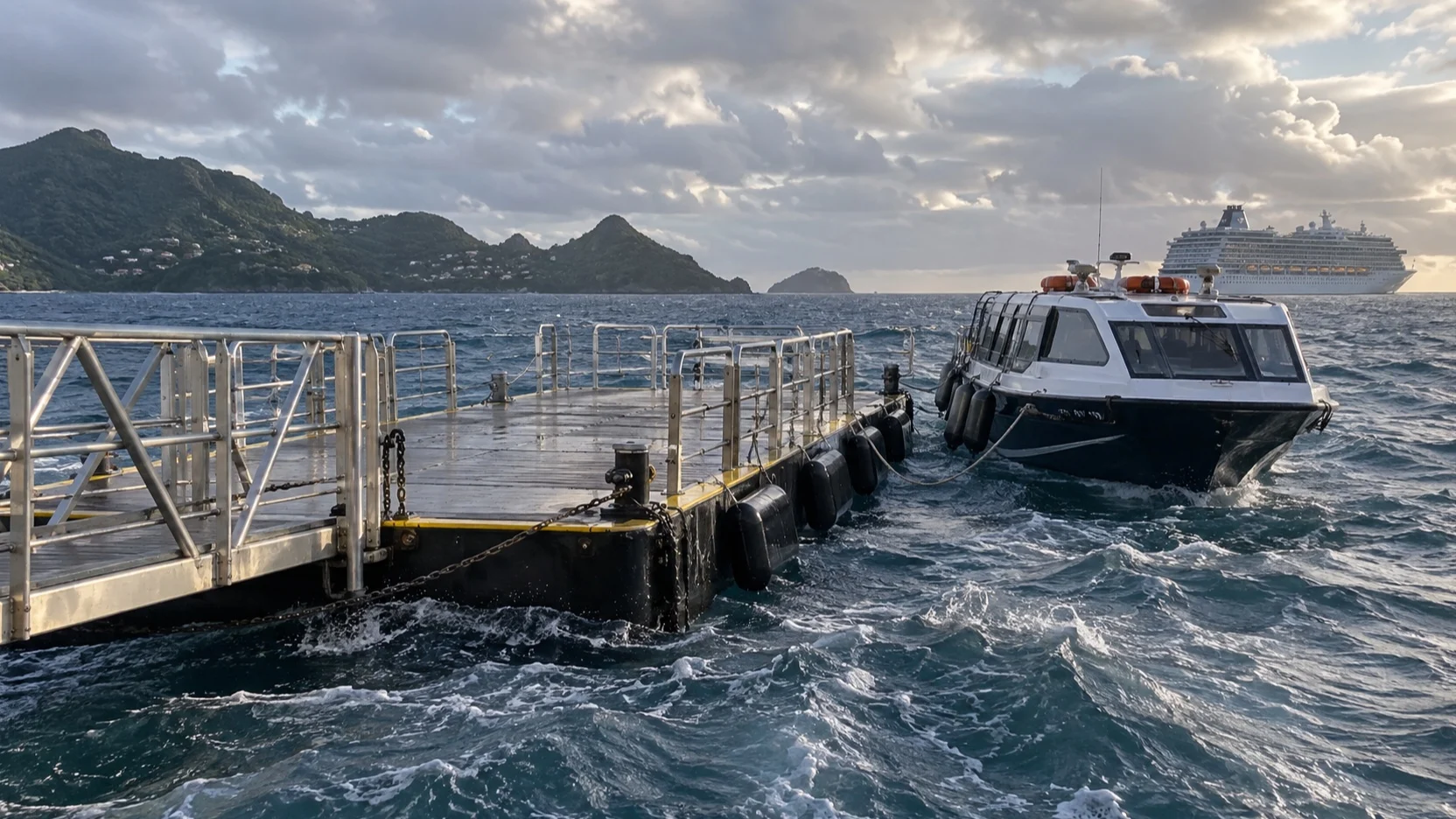 Tender landing pontoon and boat in rough water under gray skies