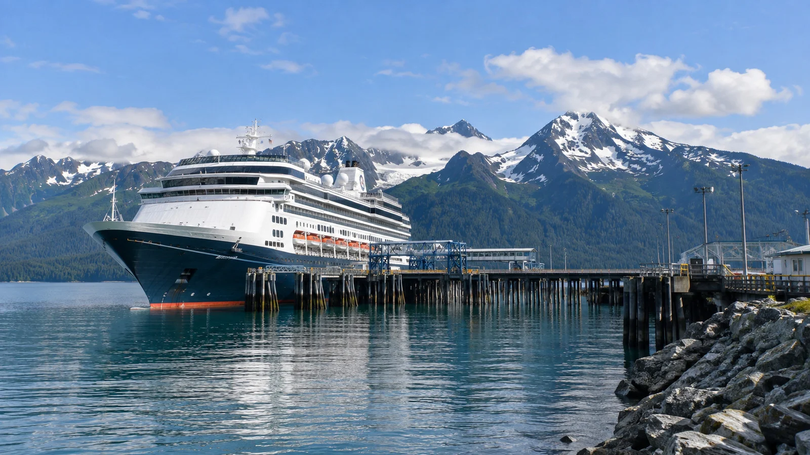 Cruise ship at Seward Alaska with mountains beyond the pier