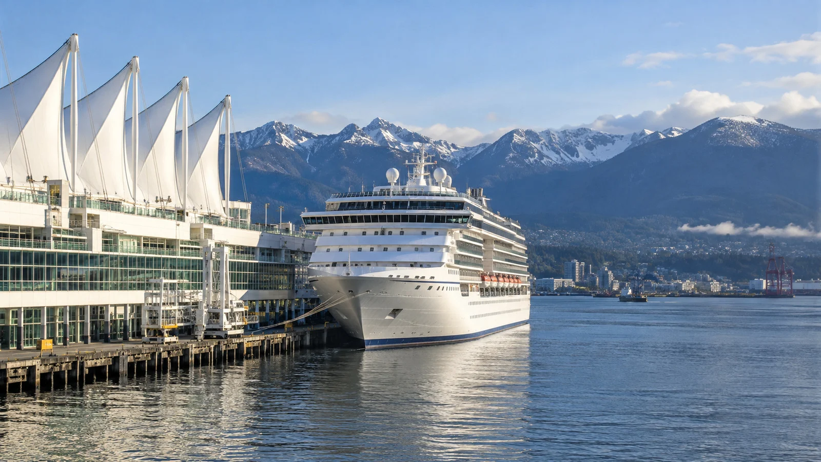 Cruise ship at Vancouver Canada Place terminal with North Shore mountains