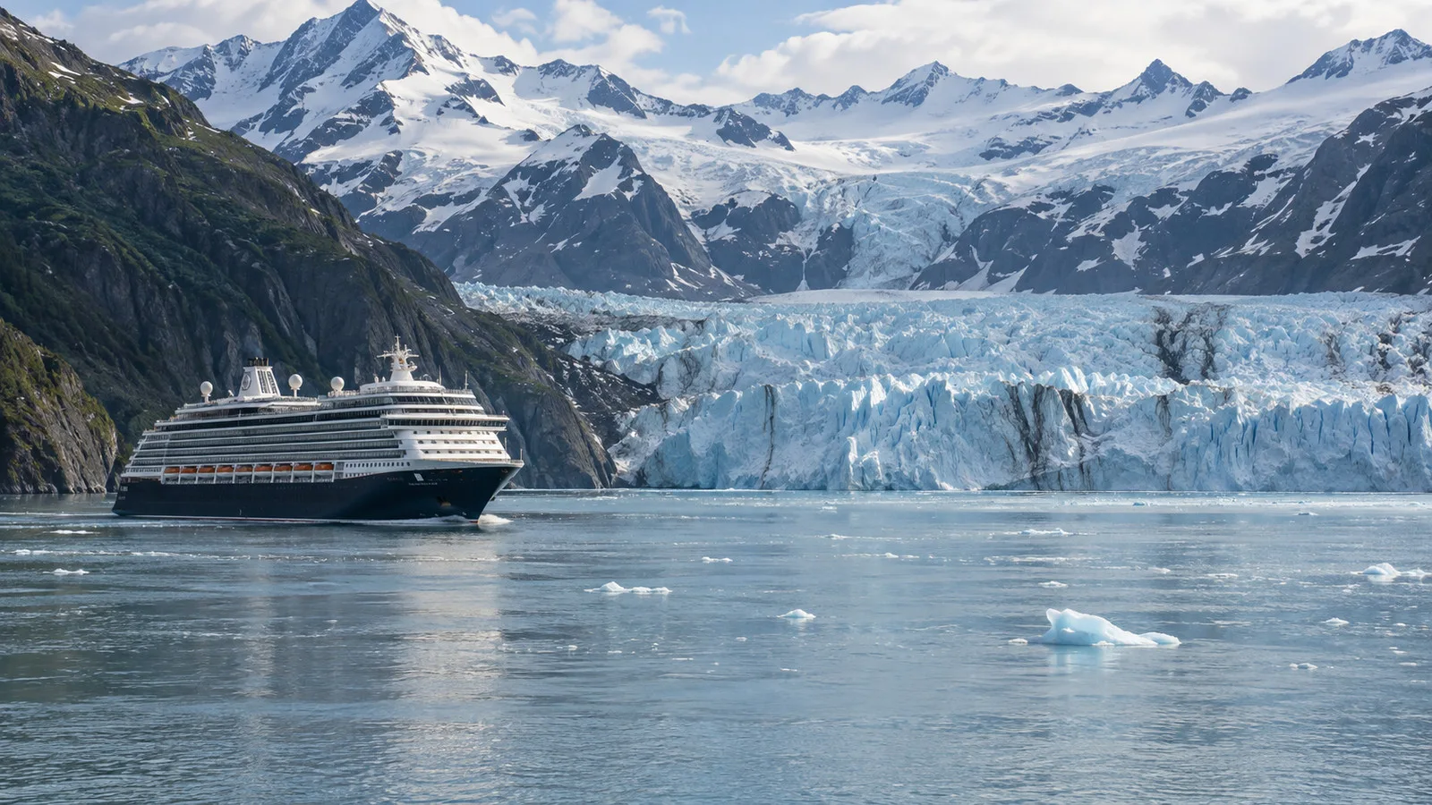 Cruise ship passing a tidewater glacier on an Alaska one-way route