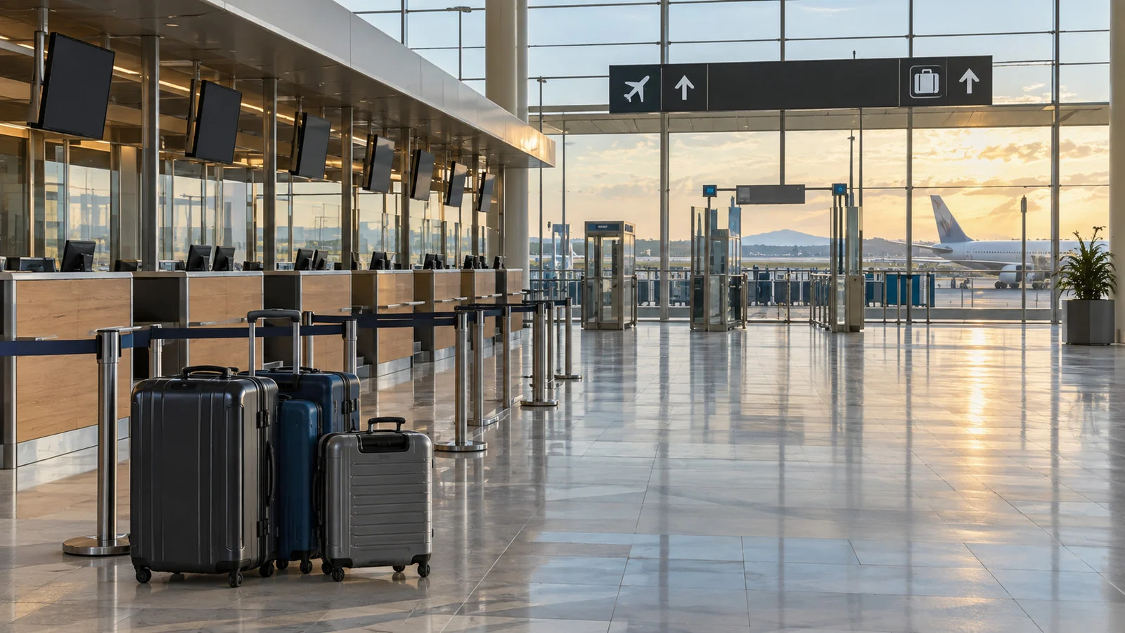 Empty airport check-in area with suitcases and departure gates