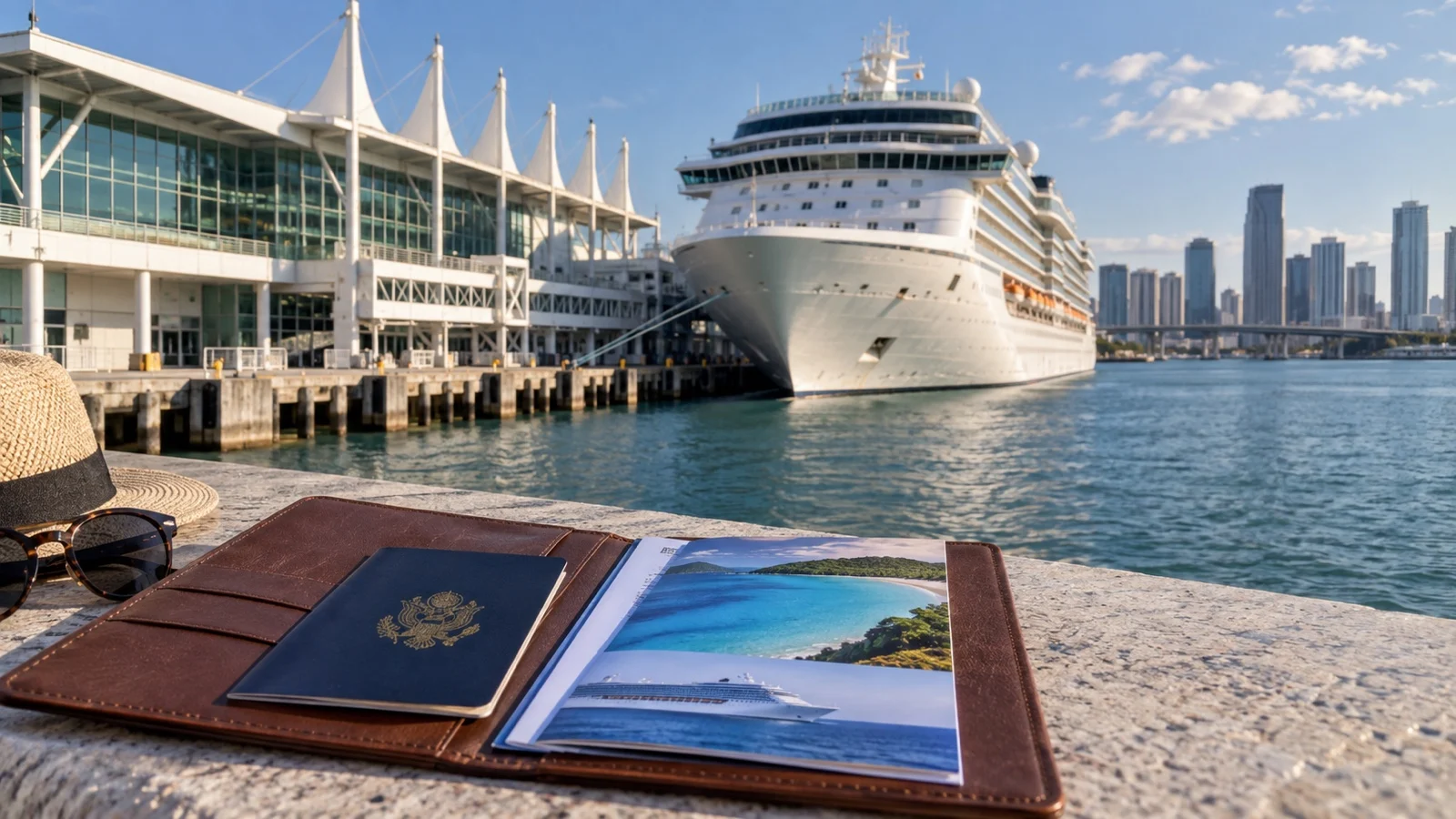 Cruise ship at same US homeport terminal with round-trip itinerary folder in foreground