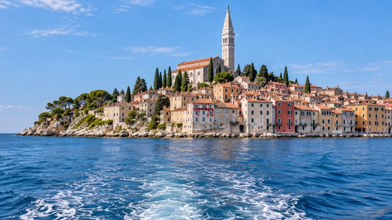 Tender boat approaching Rovinj old town across the Adriatic