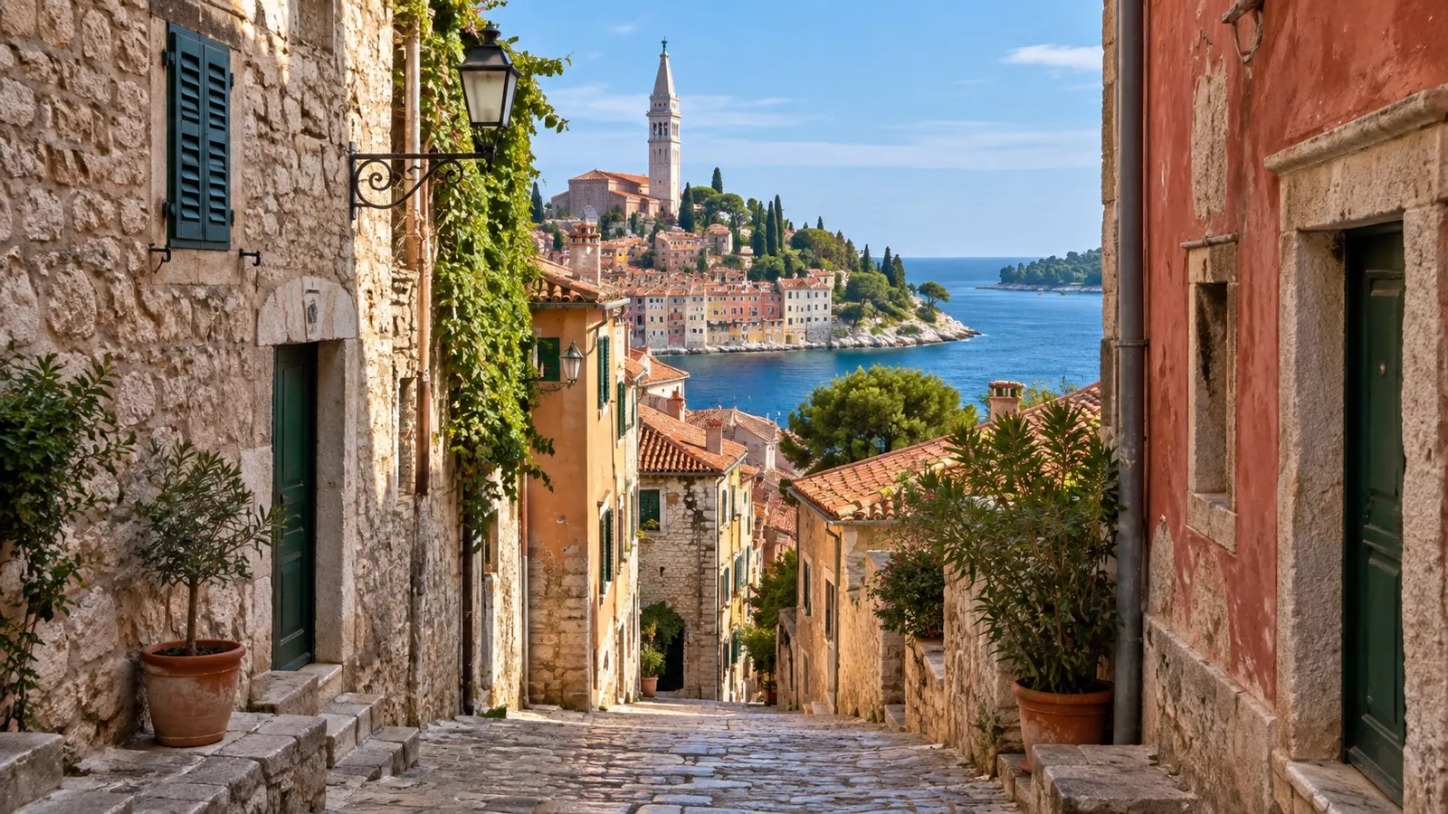 Narrow cobbled lane in Rovinj old town