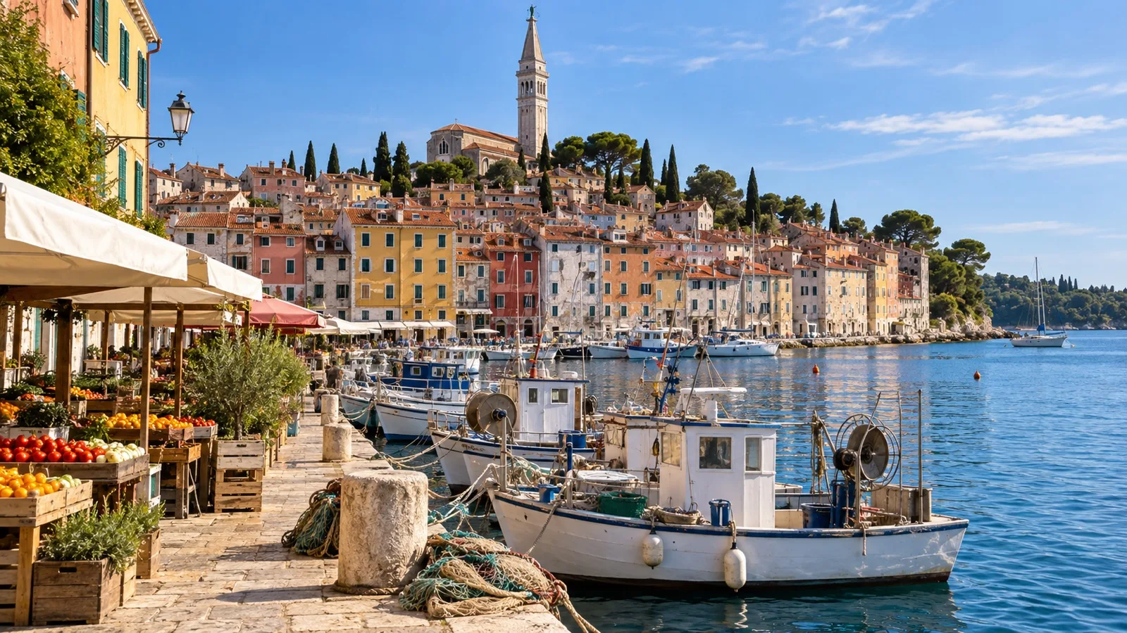 Fishing boats and colorful buildings along Rovinj harbor