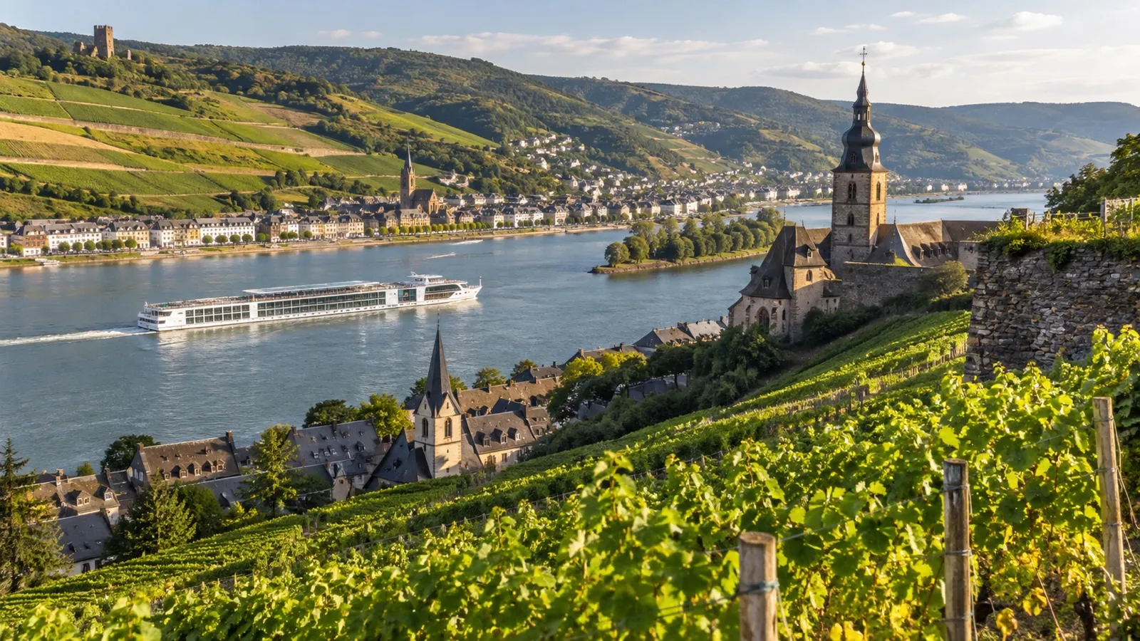 Rüdesheim Riesling vineyards above river cruise route