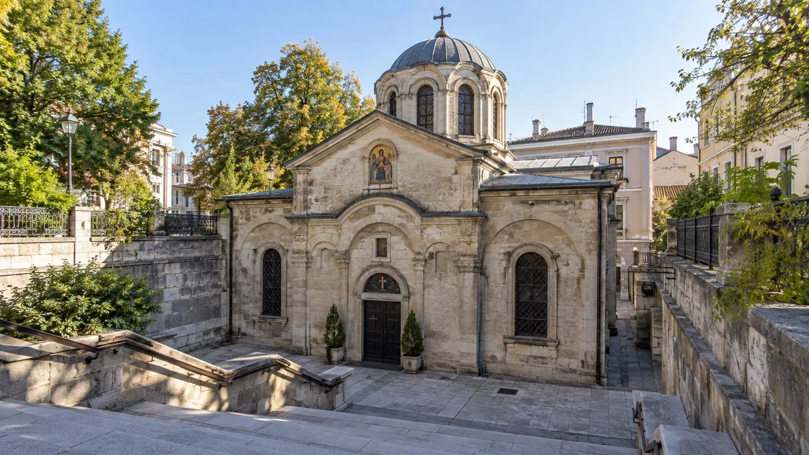 Holy Trinity Cathedral set below street level in Ruse