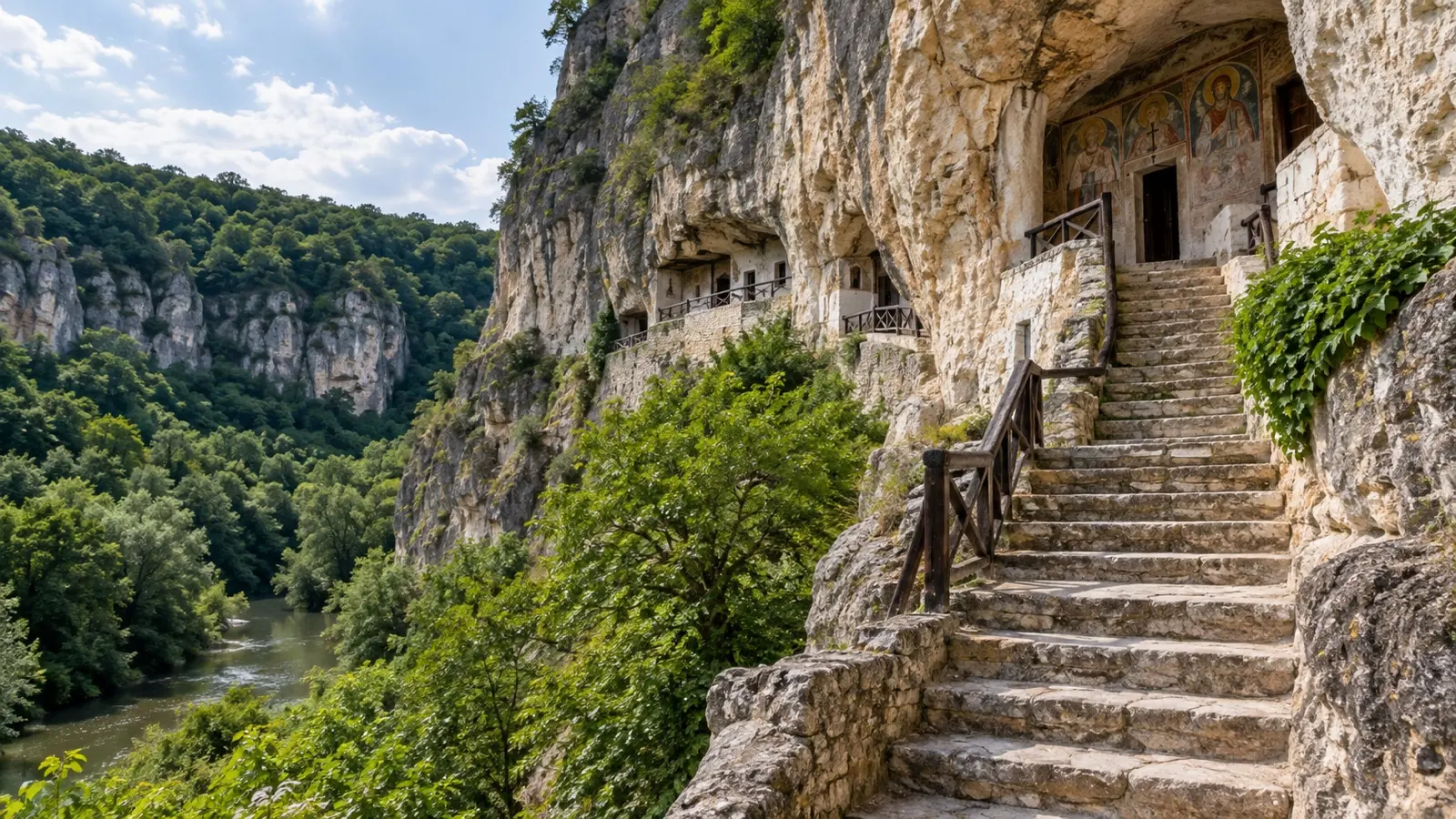 Rock-hewn Basarbovo Monastery above a wooded river valley near Ruse