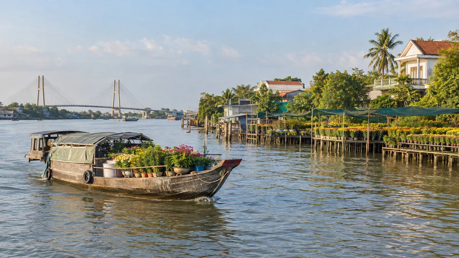 Boat carrying flowers on the Sa Đéc River in Vietnam’s Mekong Delta