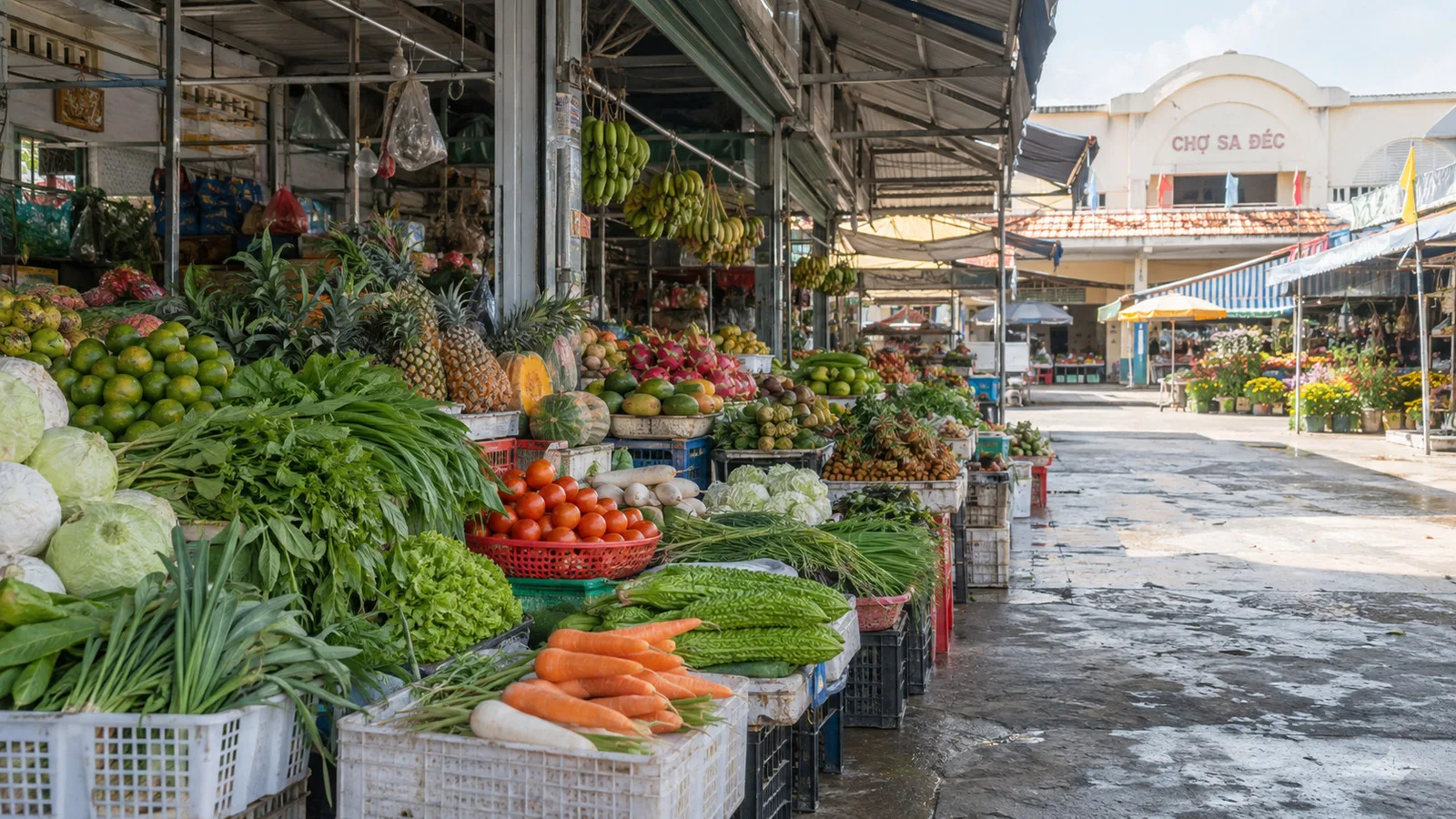 Produce stalls at Sa Đéc Central Market without people