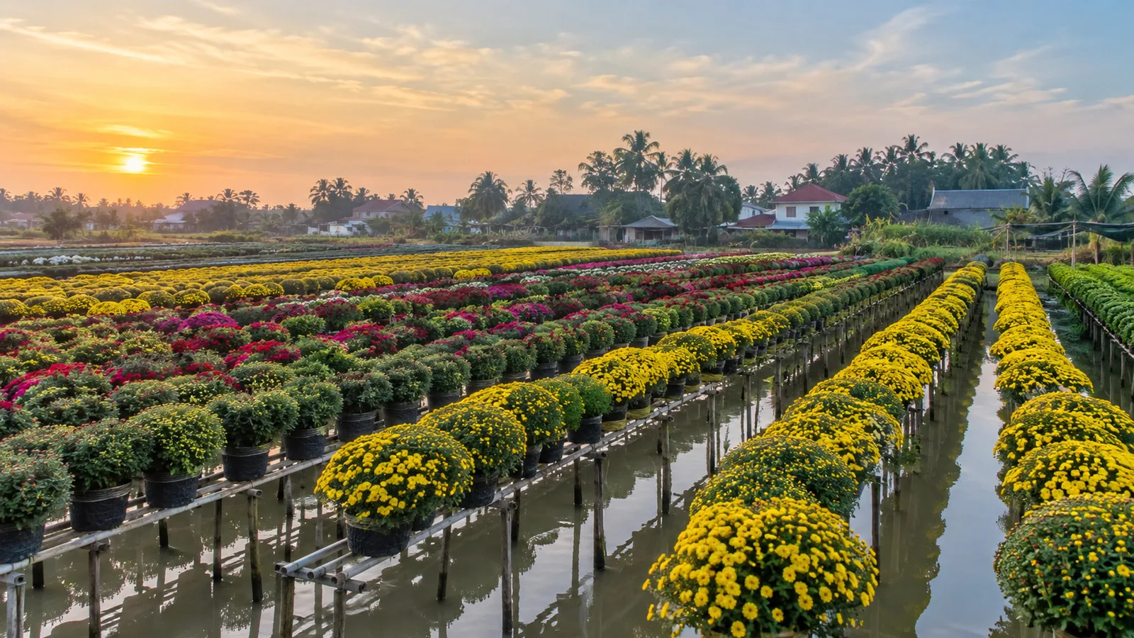 Rows of flowers at Sa Đéc Flower Village