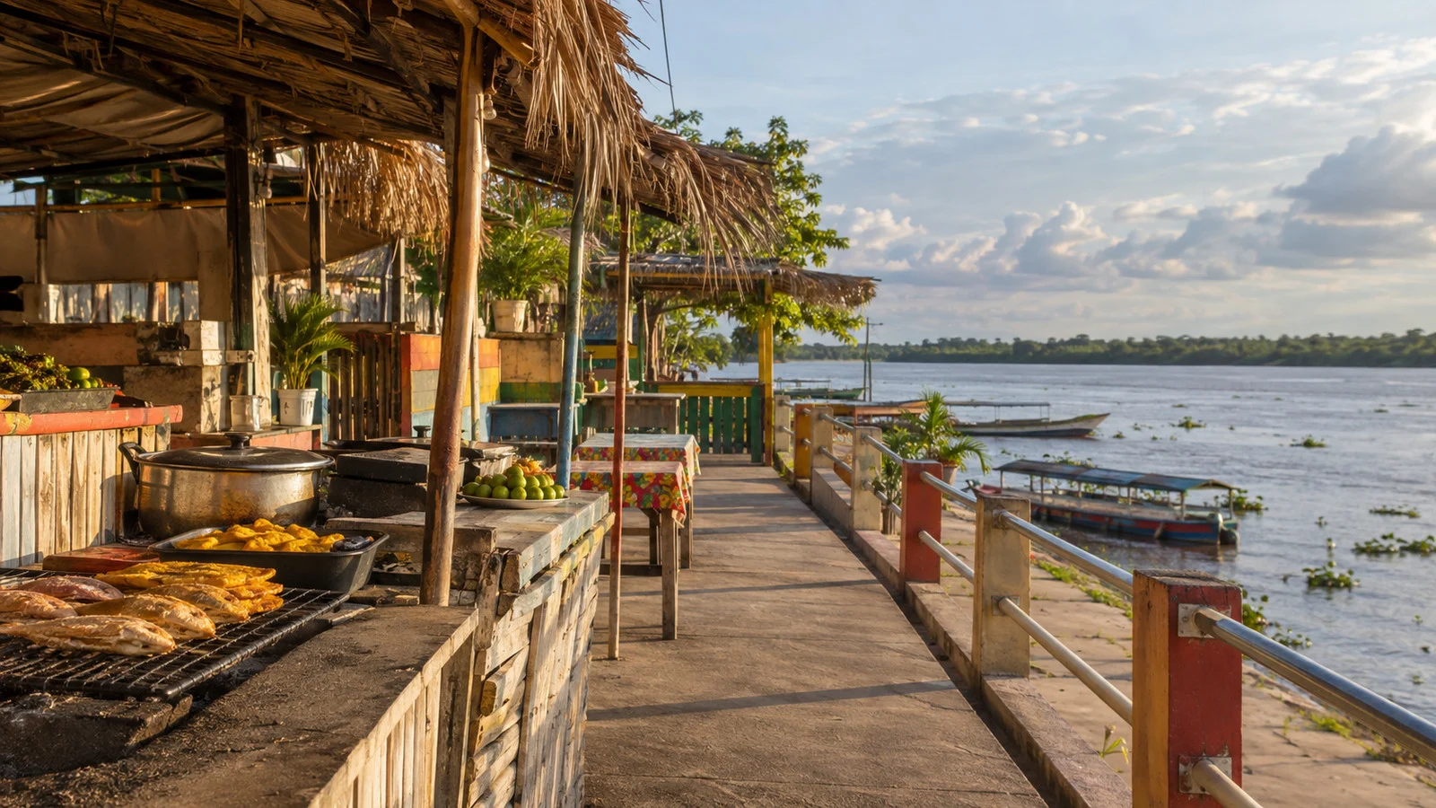 Magdalena riverfront food stalls without people near Sabanagrande
