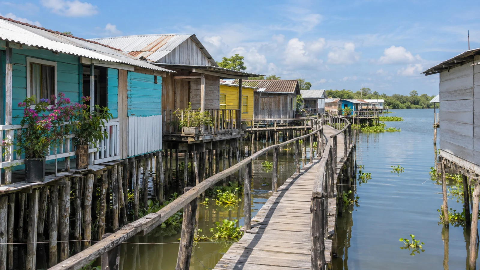 Wooden footbridge among stilt houses at Nueva Venecia in Sitionuevo