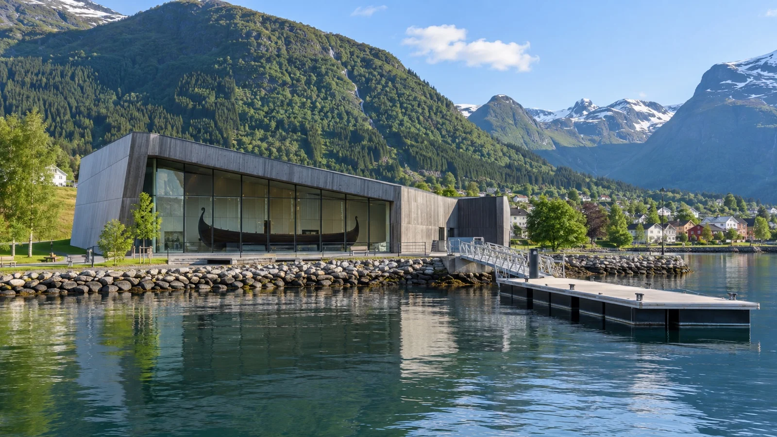 Sagastad Viking center building on Nordfjordeid waterfront