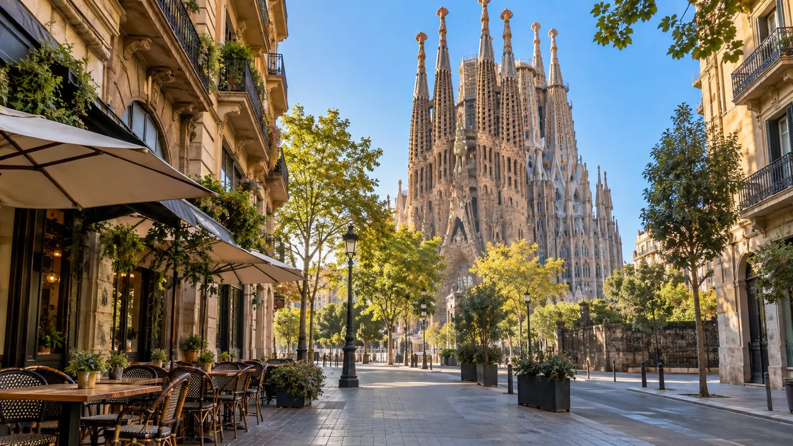 Sagrada Família seen from a quiet Barcelona neighborhood street