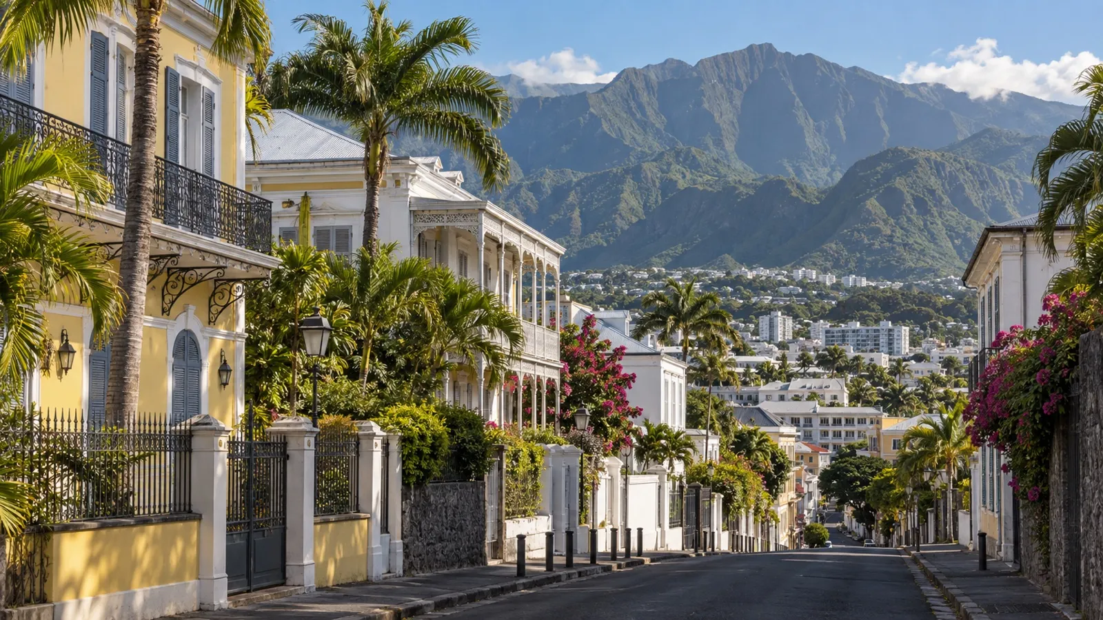Historic street and tropical trees in Saint-Denis, Réunion