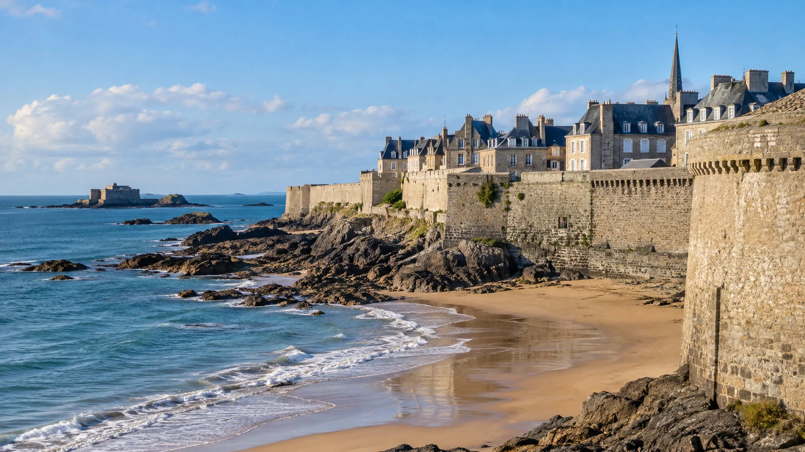 Stone ramparts above the sandy beach at Saint-Malo