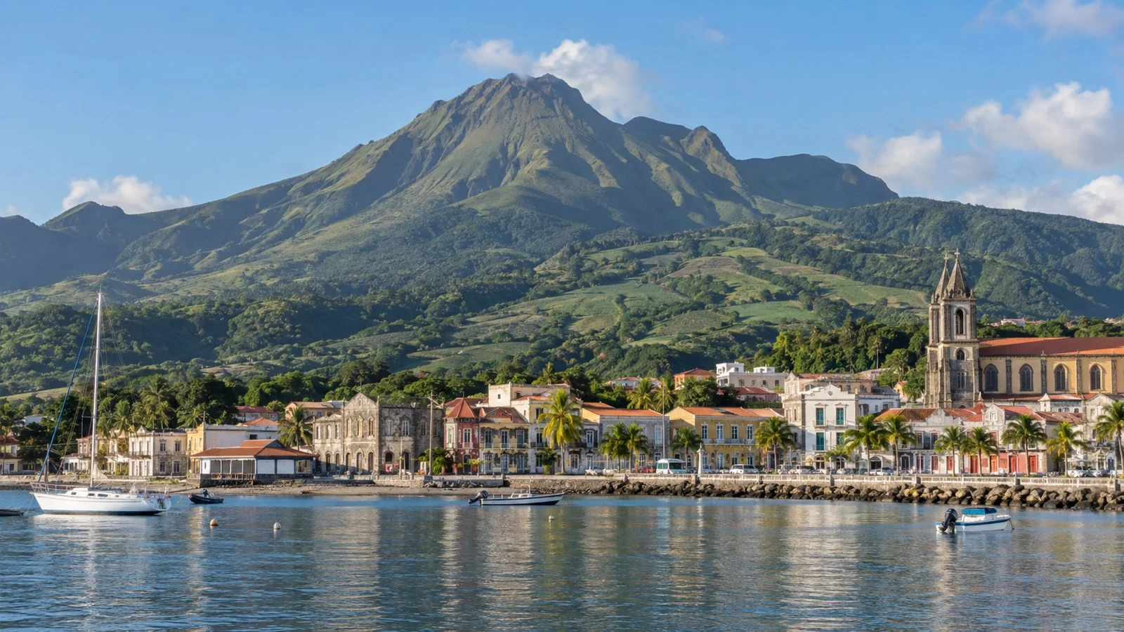 Saint-Pierre waterfront beneath Mount Pelée in Martinique