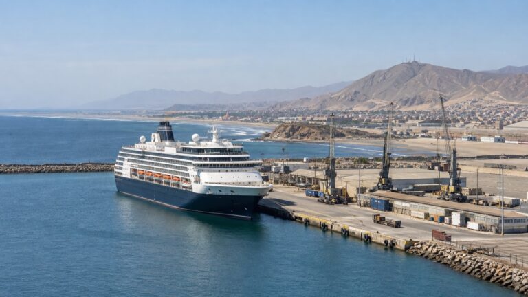 Cruise ship at Salaverry's Pacific port below arid coastal hills
